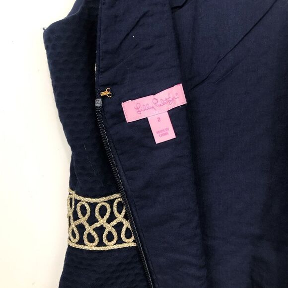 Lilly Pulitzer Aveline Navy Blue Metallic Gold Trim Sleeveless Shift Dress - Picture 13 of 14